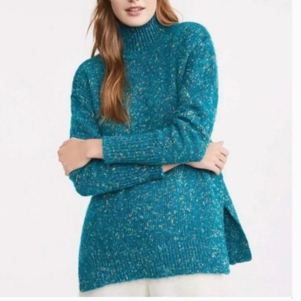 NWT Lou & Grey for Loft Teal Confetti Sweater Chunky Cozy Oversized Slit Hem MD